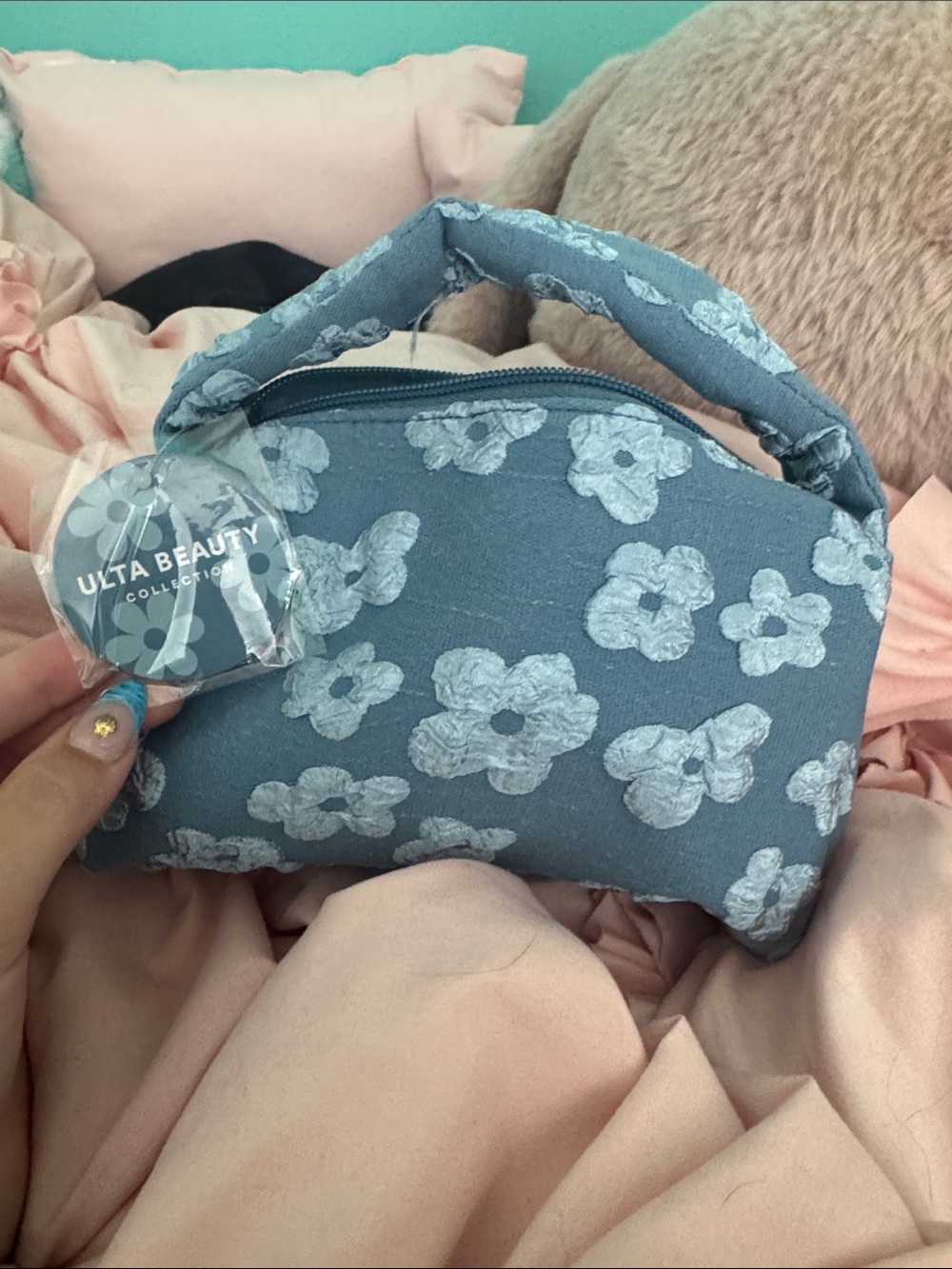 Ulta Beauty Blue Floral Handle Cosmetic Pouch